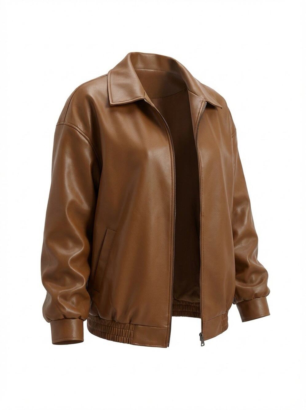 Womens Oversized Faux Leather Bomber Jacket ZipUp Dark Brown Vintage Y2K Medium